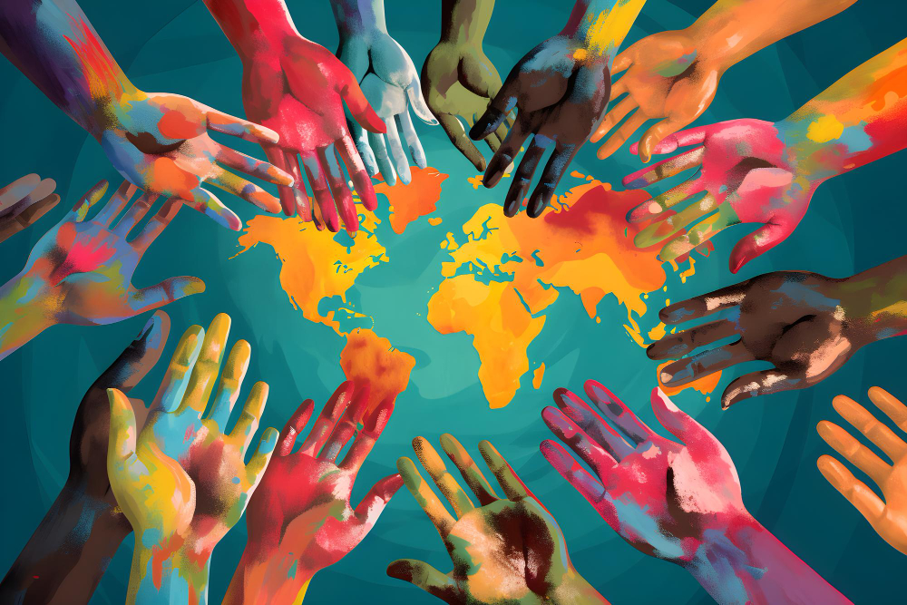 De nombreuses mains tendues vers le monde, symbole d'unité, de solidarité et de connexion mondiale.