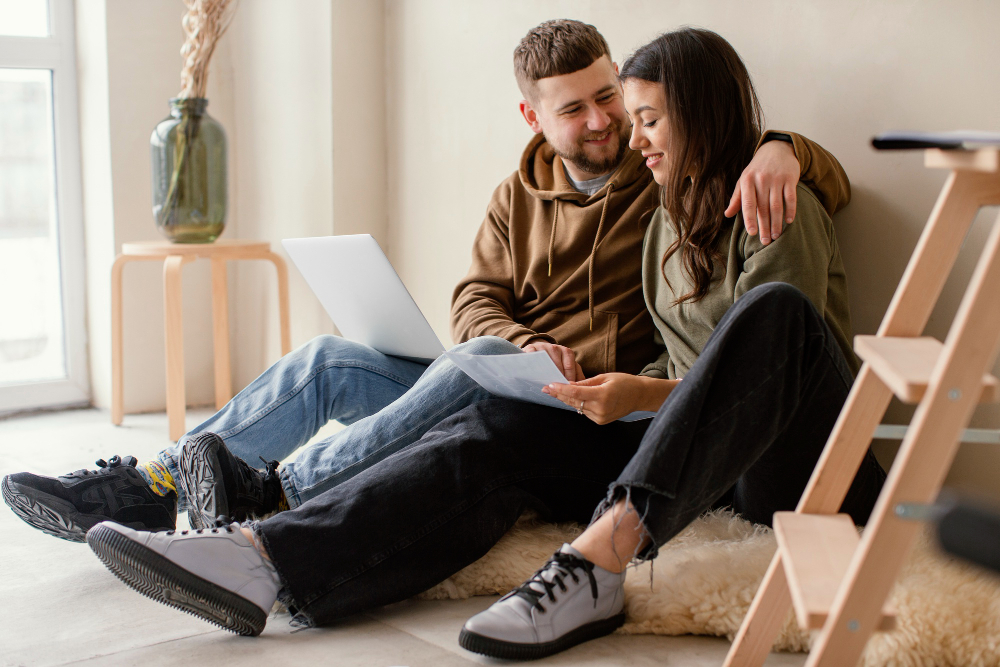 Jeune couple dans leur appartement assis avec un ordinateur portable qui discutent ensemble.