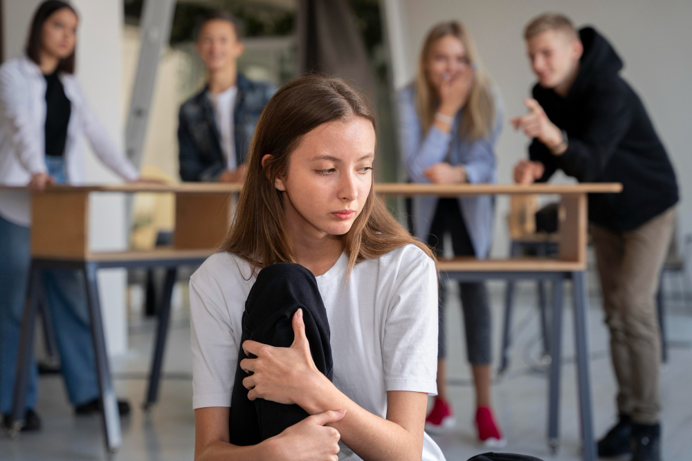 Jeune fille en avant-plan triste et en arrière-plan jeunes qui rigolent.