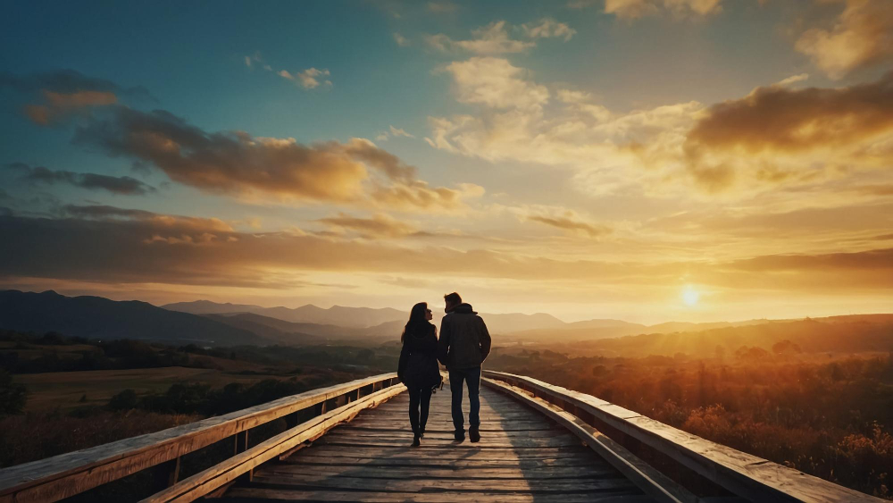 Couple de dos se tenant la main et marchant sur un chemin.